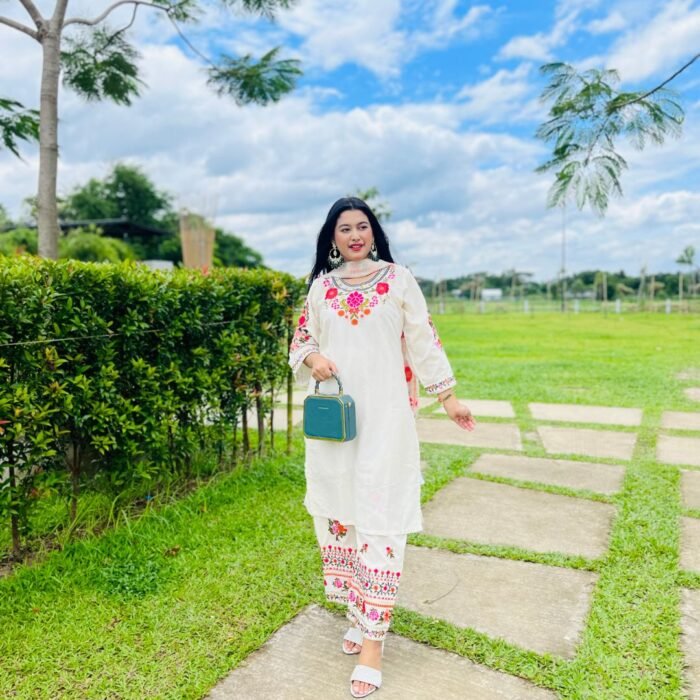 Elegant Embroidered Cotton Suit"Regal vibes in every fold - majestic Farshi set! - Image 3