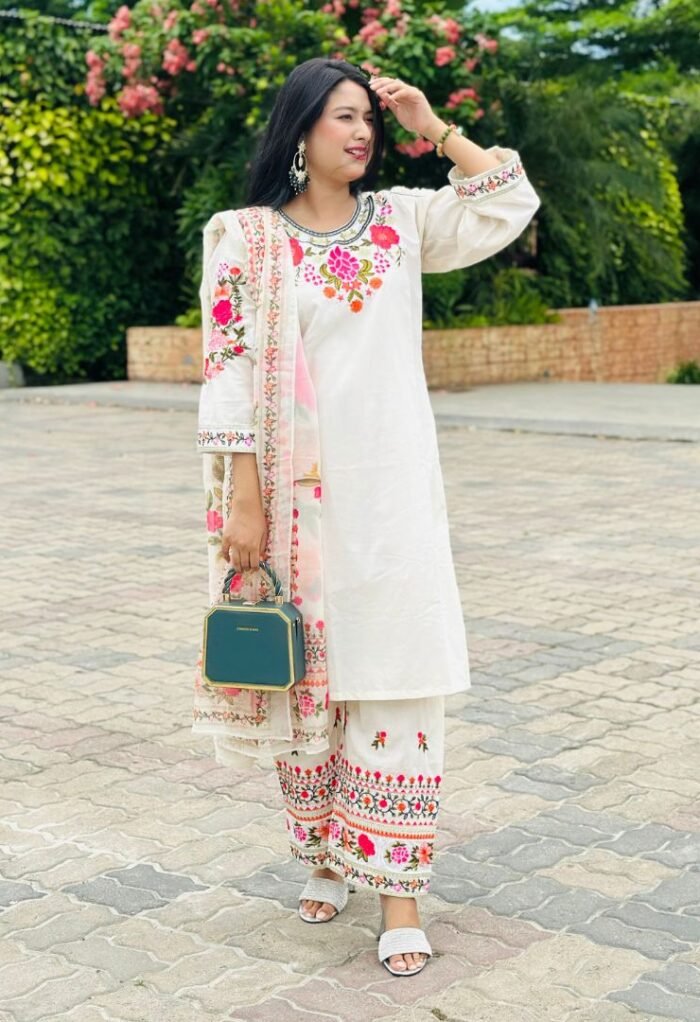 Elegant Embroidered Cotton Suit"Regal vibes in every fold - majestic Farshi set! - Image 1