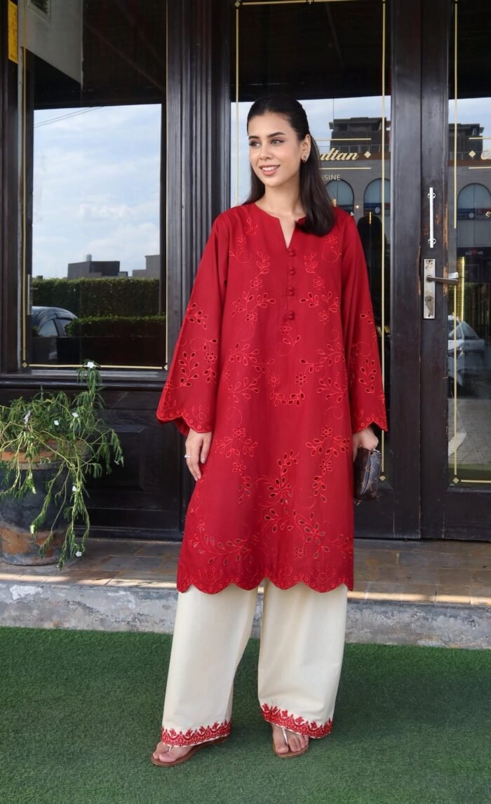 Poppy – Maroon Schiffli Co-Ord Set | Stunning Two-Piece Outfit with Chic Embroidery - Image 1
