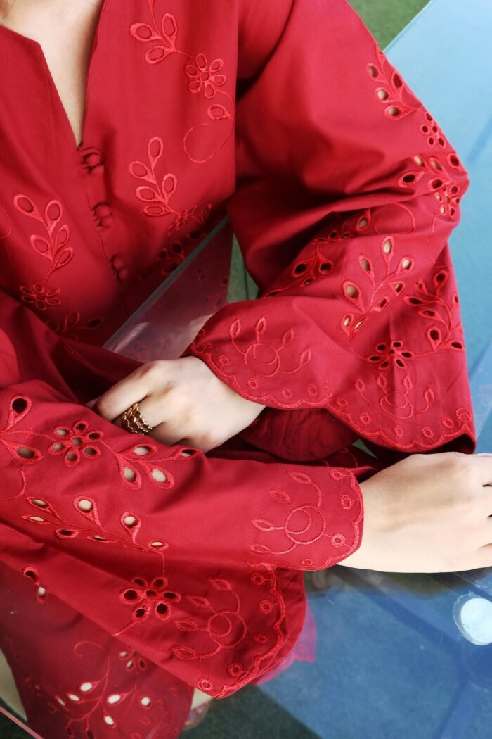 Poppy – Maroon Schiffli Co-Ord Set | Stunning Two-Piece Outfit with Chic Embroidery - Image 3